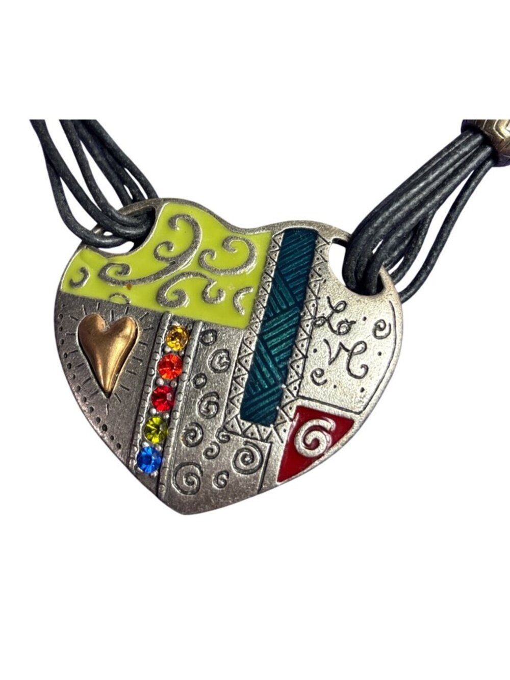 Patchwork Silvertone Heart Pendant Necklace Multi Strand Black Cord Colorful